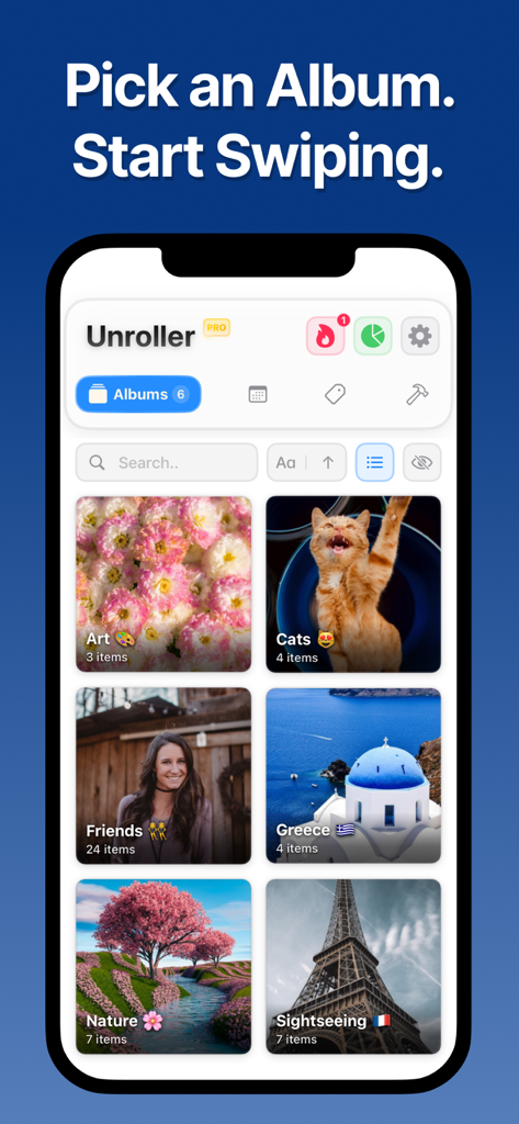 Swipe Photo Cleaner Organizer - Unroller app screen showing organized photo albums like Art Cats and Travel for storage management