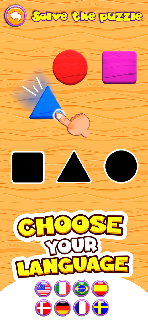 Dino Tim Premium: Basic math - Educational screen for kids showing shape puzzles and language options