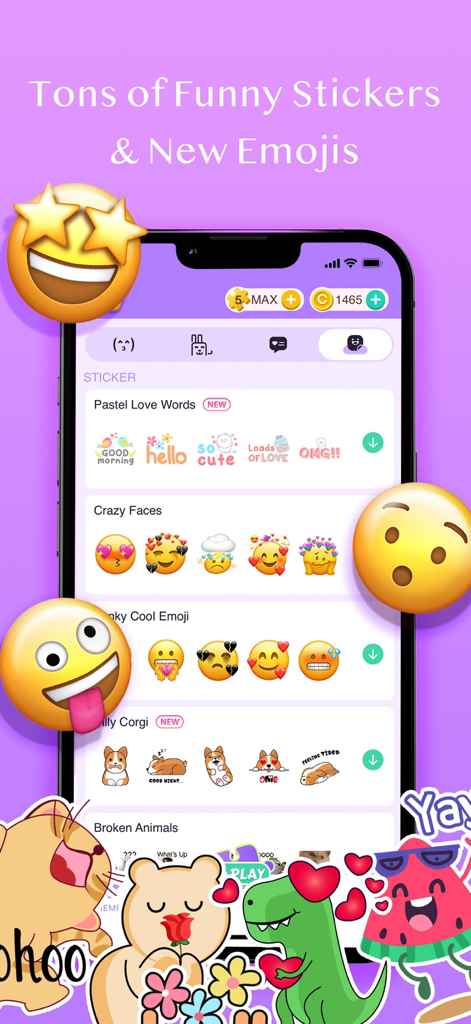 Display of various cute stickers and emojis within the Jigsaw Keyboard app interface