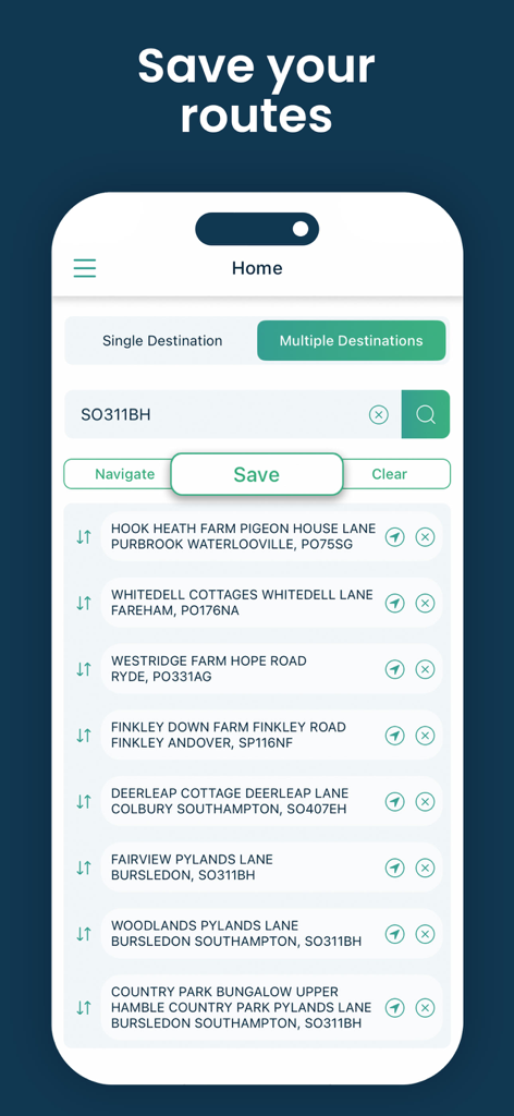 Screenshot of DelM8 app showing multiple saved destination routes for UK addresses including farms and cottages