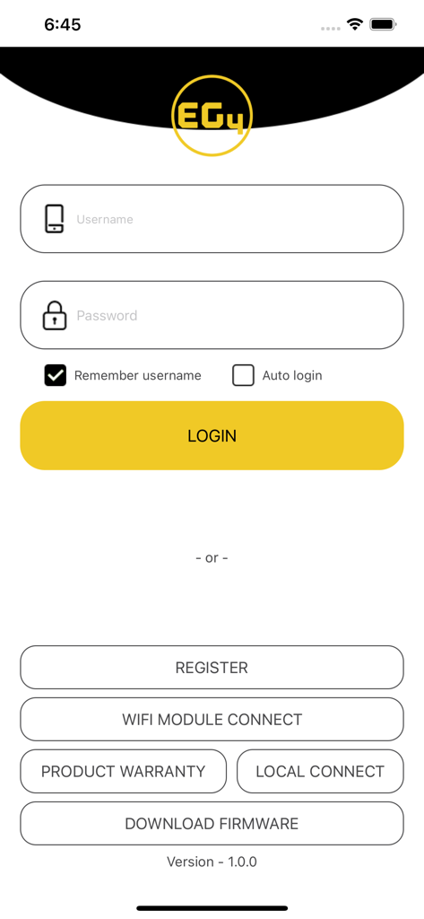 EG4 Monitor - Login screen for the EG4 Monitor solar energy app featuring username and password fields and various system setup options.