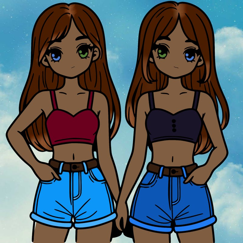 two sisters with crop tops and jean shorts and straight hair