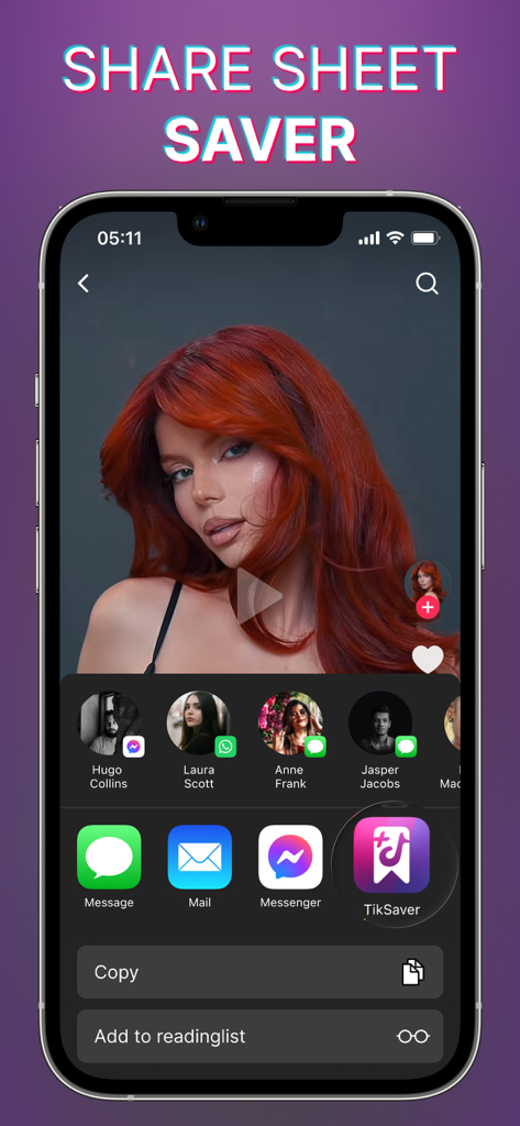 SnapTik • SaveInsta • SnapTube - iPhone share menu showing TikSaver app icon for quick video saving