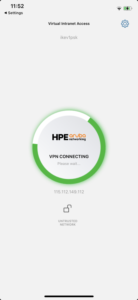 HPE Virtual Intranet Access - HPE Virtual Intranet Access app screen showing VPN connection in progress