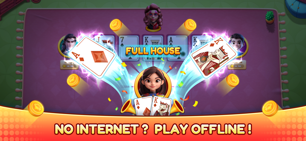 Tongits Club Offline - Tongits Club Offline mobile game showing a full house win with a play offline message