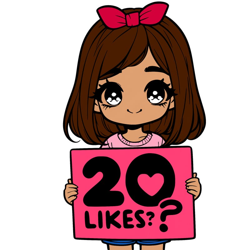 cute realistic girl holding a sign that says 20 likes?