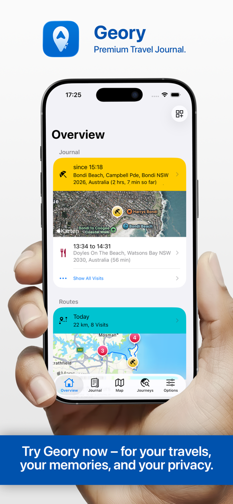 Geory – Premium Travel Journal - iPhone screen showing Geory travel journal overview with automated location visits and travel routes on a map