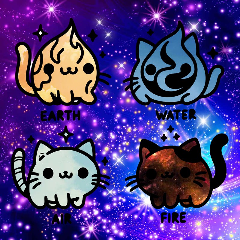 4 cats that represent the different elements, earth, water, air, and fire