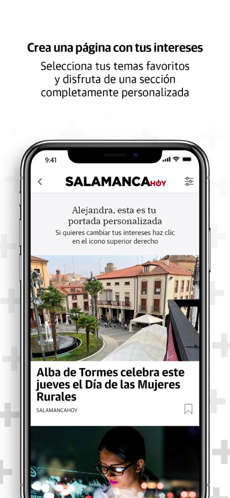 Salamancahoy - A smartphone screen showing the Salamancahoy app with a personalized news feed and a local news article about Alba de Tormes.