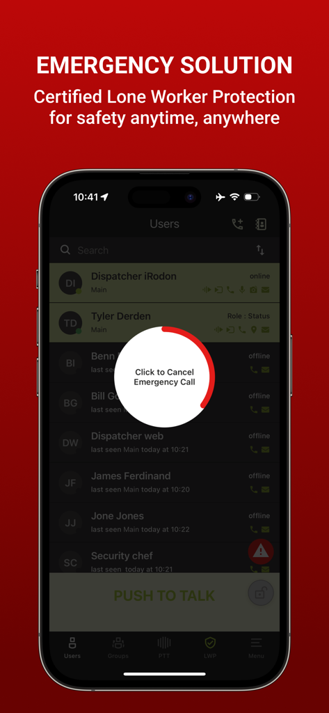 TASSTA T.Flex - Emergency call interface in the TASSTA T.Flex app for lone worker protection.