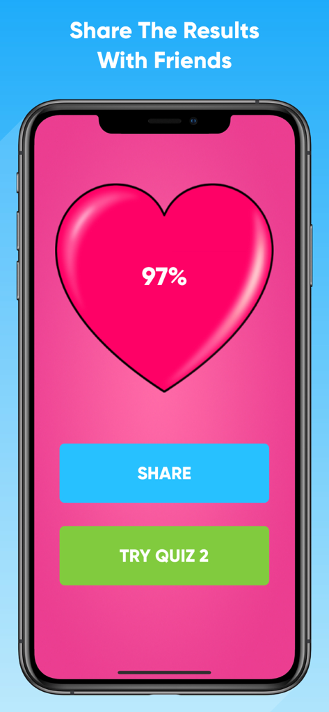 How Much Does My Crush Like Me - Ein Bildschirm einer mobilen App, der ein 97-prozentiges Übereinstimmungsergebnis in einem rosa Herz mit Schaltflächen zum Teilen oder Ausprobieren eines weiteren Quiz anzeigt