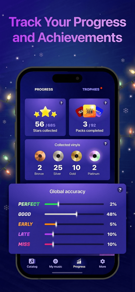 Beat Maker Pro app screen displaying user achievements stars collected and global accuracy statistics