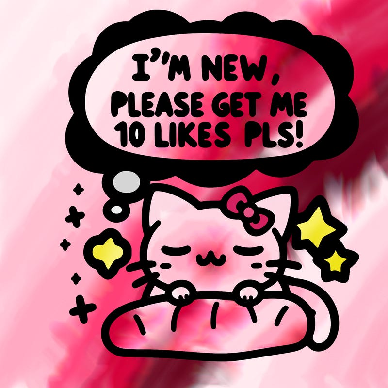 kitty taking a nap dream talking and saying "i'm new, please get me at least 10 likes pls!!"