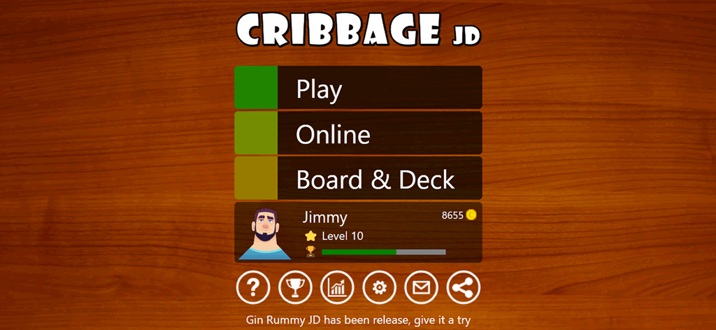 Main menu screen of the Cribbage JD app showing Play and Online buttons on a wooden background