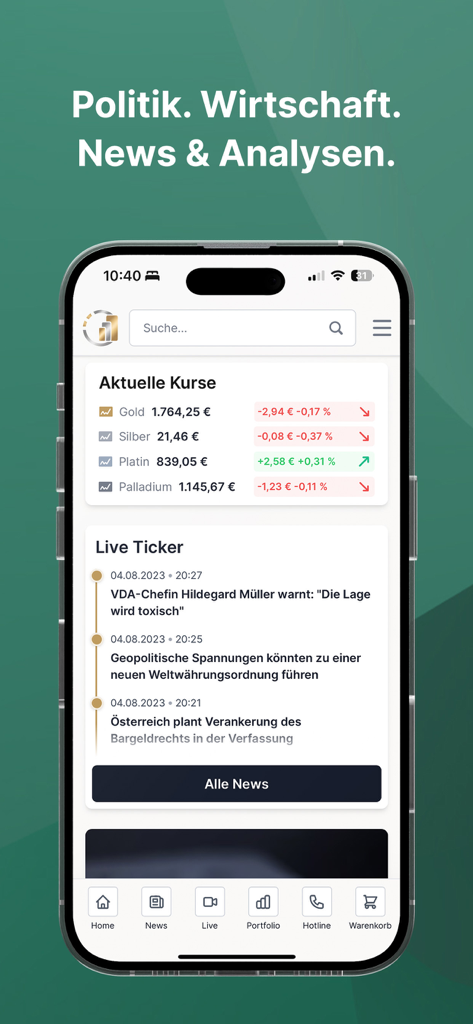 Kettner Edelmetalle App - Kettner Edelmetalle App mit Live-Gold- und Silberpreisen und Finanznachrichten-Ticker