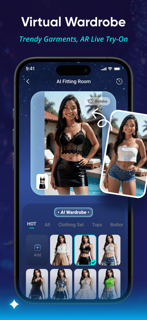 iSwapX - iSwapX app interface showcasing the AI Virtual Wardrobe and fitting room feature with various clothing options.