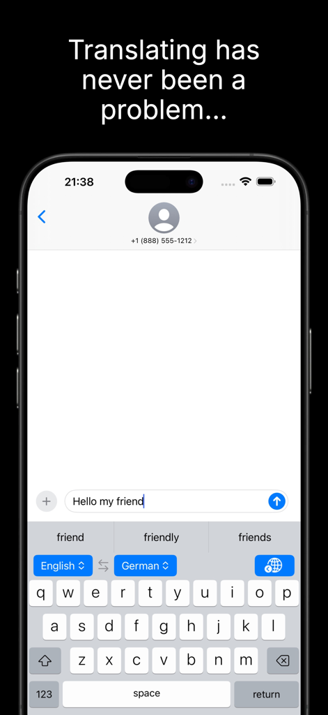 KeyChat: Translate on Keyboard - KeyChat iPhoneアプリが、メッセージングアプリのキーボードのすぐ上でリアルタイムの英語からドイツ語への翻訳を表示しています