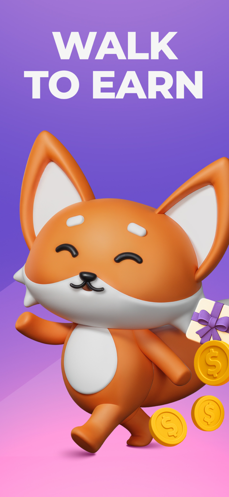 Renard en dessin animé marchant avec des pièces d'or et une boîte cadeau sous le texte « Marchez pour gagner »