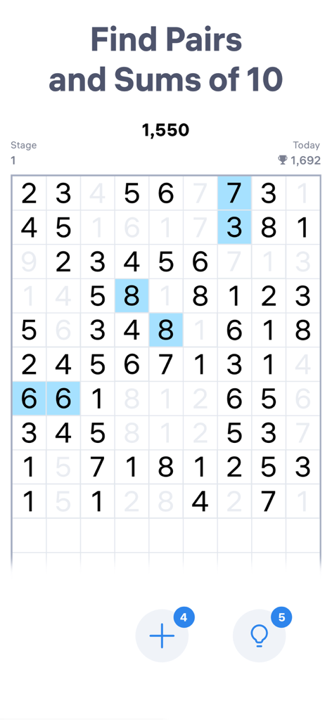 Number Match - Numbers Game - Schermata di gioco Number Match che mostra una griglia di numeri con coppie evidenziate e somme di dieci