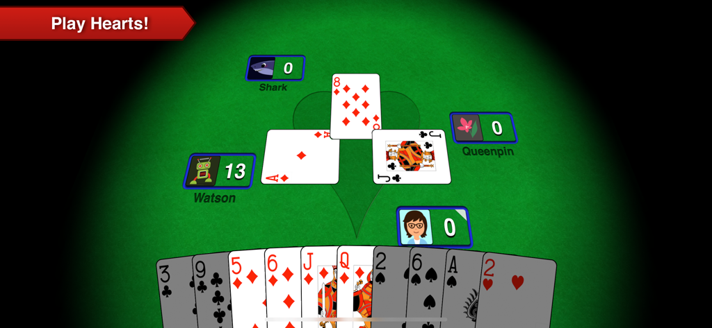 Hearts+ - A digital game of Hearts being played on a green felt table with player avatars and playing cards.
