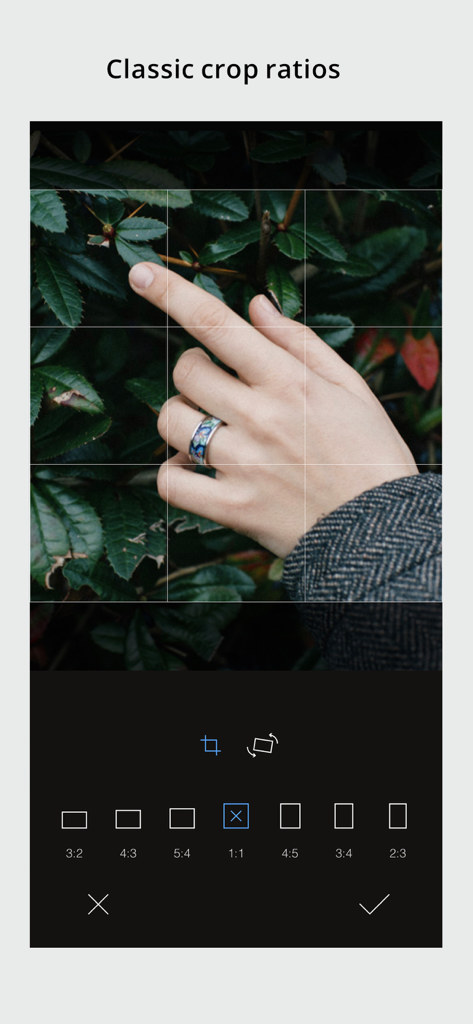 Interface de l'application RNI Films montrant des ratios de recadrage classiques pour l'édition de photos