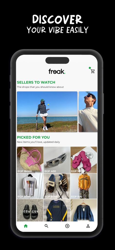 Freak | Fashion Marketplace - Freak app interface displaying a curated fashion feed with sellers to watch and personalized items