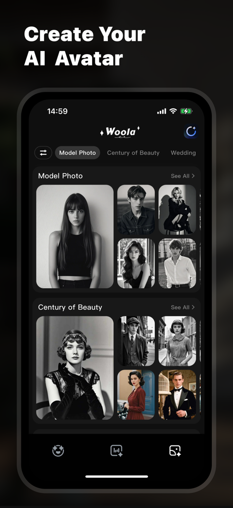 Woola-AI photo intelligent - Woola-AI app screen displaying various AI avatar templates for modern and vintage styles