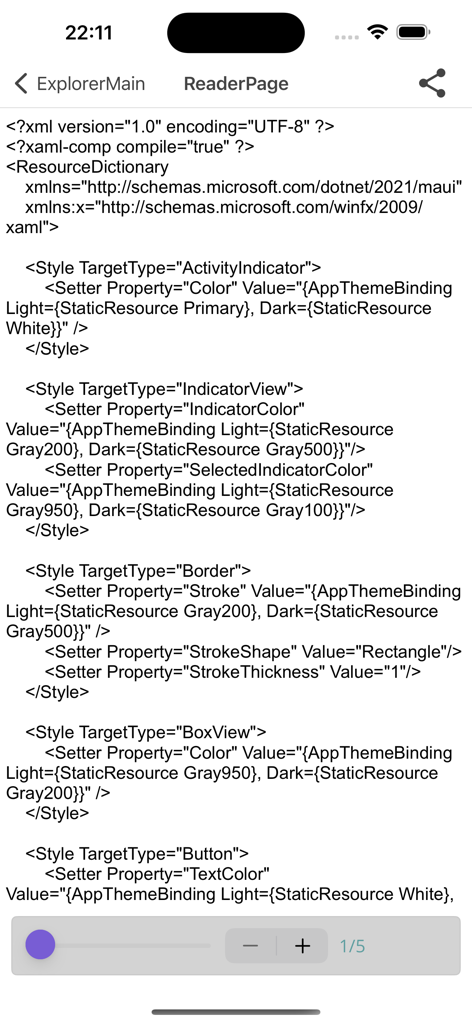 ZFile - Página do leitor do aplicativo ZFile exibindo código-fonte XML com controles de zoom e navegação