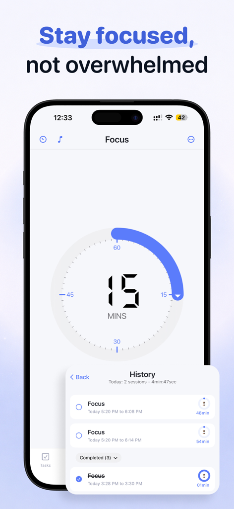 To Do List & Tasks Calendar - Smartphone screen showing a 15 minute focus timer and session history for task management