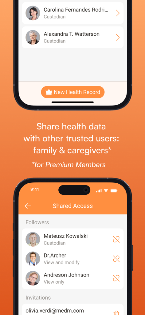 Interface showing health data sharing with family and caregivers in the MedM Blood Sugar Diary app