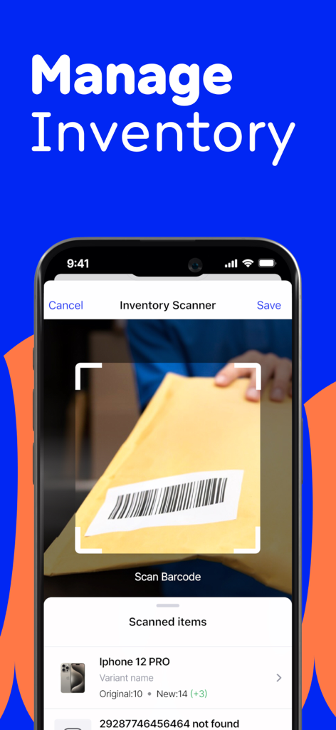 Billdu: Store,Inventory,Orders - Billdu Mobile-App-Oberfläche, die einen Barcode-Scanner zur Lagerverwaltung zeigt