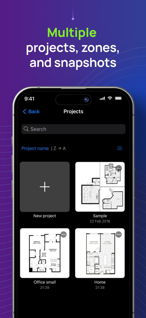 NetSpot WiFi Analyzer - Interfaz de la aplicación NetSpot que muestra múltiples proyectos de estudio WiFi con diferentes planos para el hogar y la oficina.