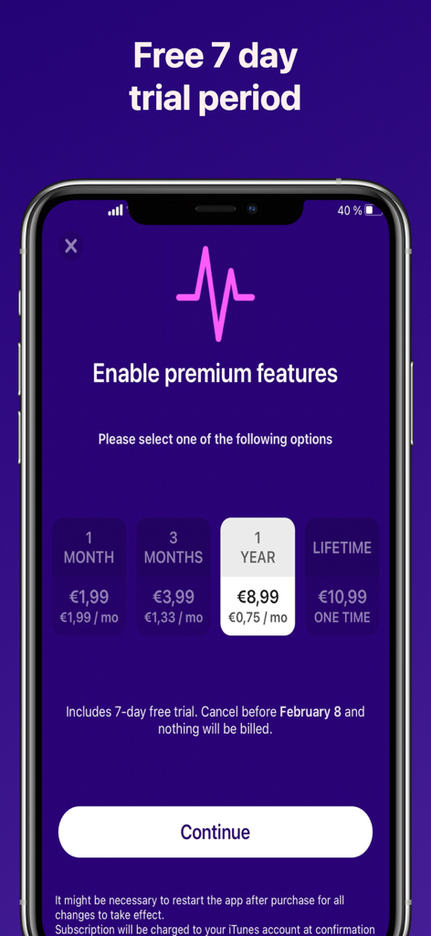 ECG Recorder for Polar H10 - Subscription screen for ECG Recorder app showing premium pricing options and a 7-day free trial