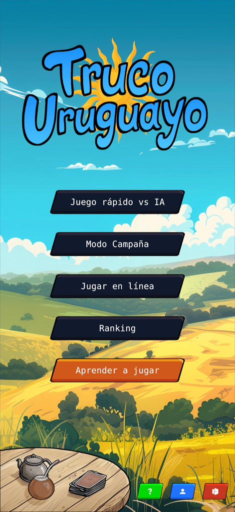 Truco Uruguayo ! - Menú principal del juego móvil Truco Uruguayo que muestra varios modos de juego sobre un fondo rural escénico con un juego de mate tradicional