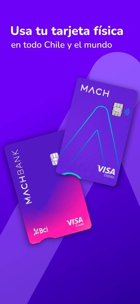MACHBANK: Cuenta Corriente - Dos tarjetas Visa MACHBANK para uso global sobre un fondo morado