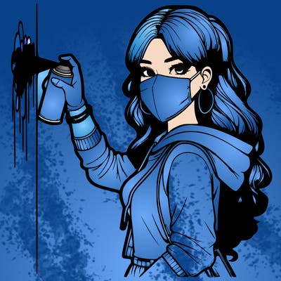 realistic girl with mask spray painting a wall