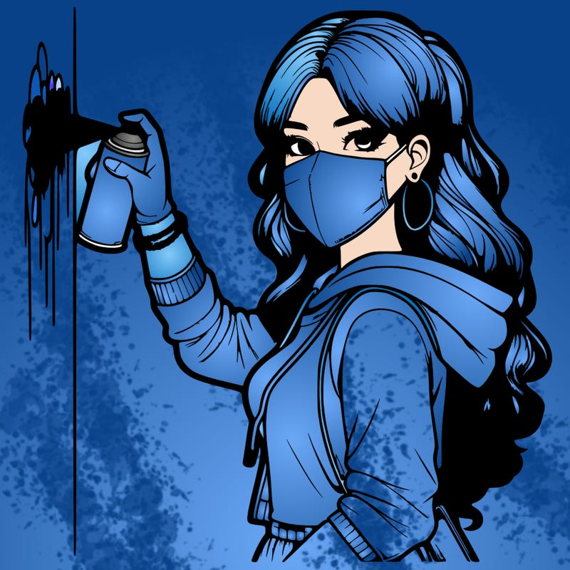 realistic girl with mask spray painting a wall