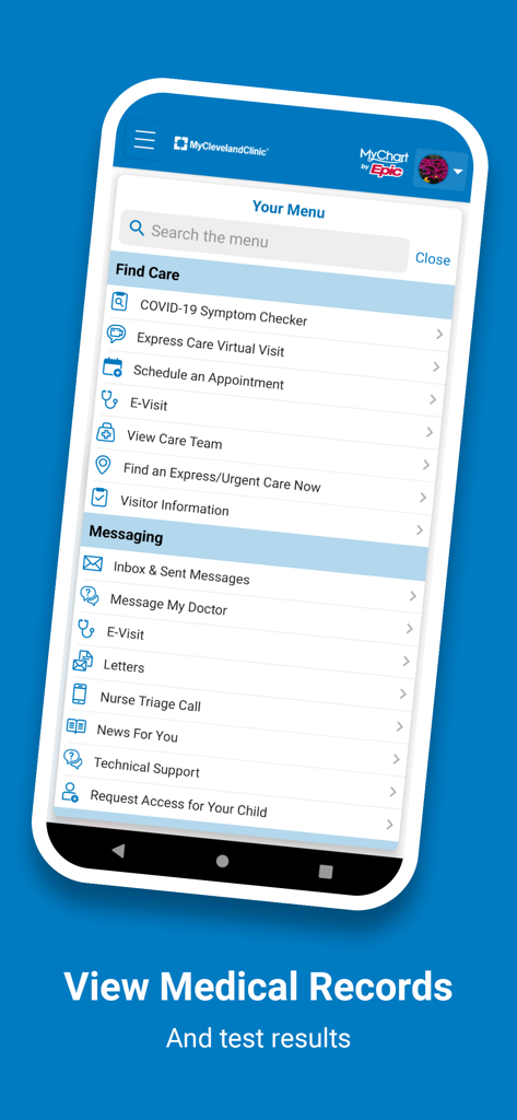 MyClevelandClinic app interface showing medical records and healthcare messaging options