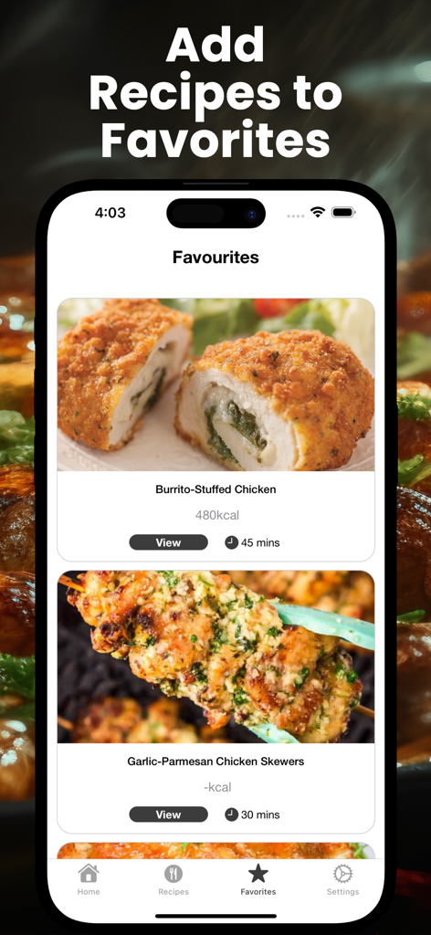 Air Fryer Recipes - Low Fat - The favorites screen of the Air Fryer Recipes app displaying saved recipes like burrito stuffed chicken and garlic parmesan chicken skewers.