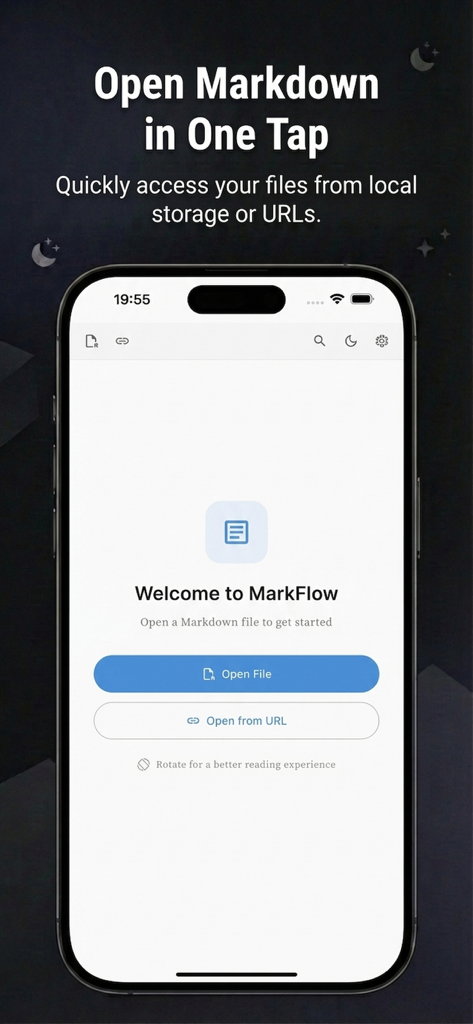 MarkFlow welcome screen with buttons for opening local Markdown files or URLs.