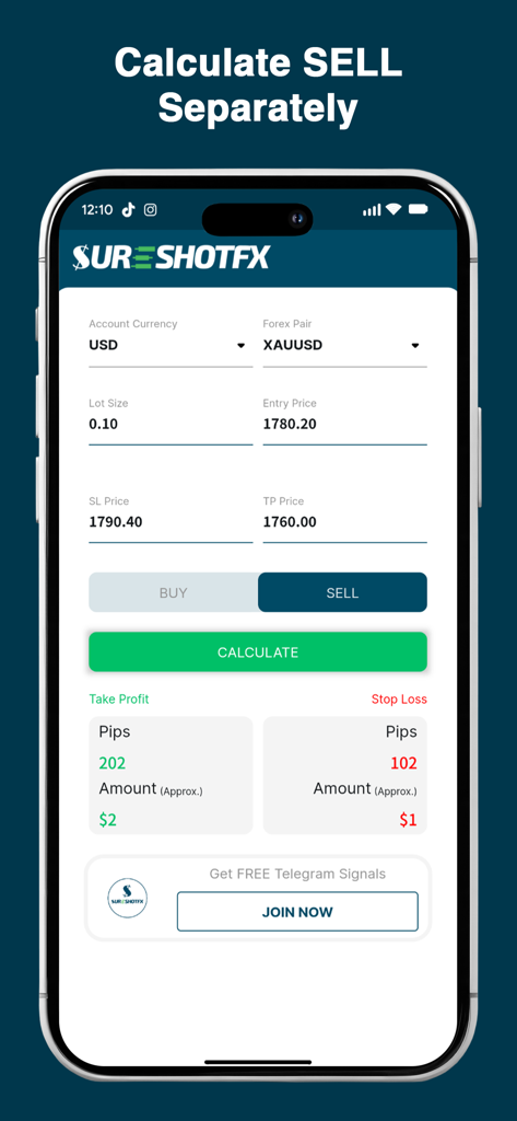 SureShotFX - Pip Calculator - SureShotFX app interface showing a sell calculation for XAUUSD gold with take profit and stop loss targets