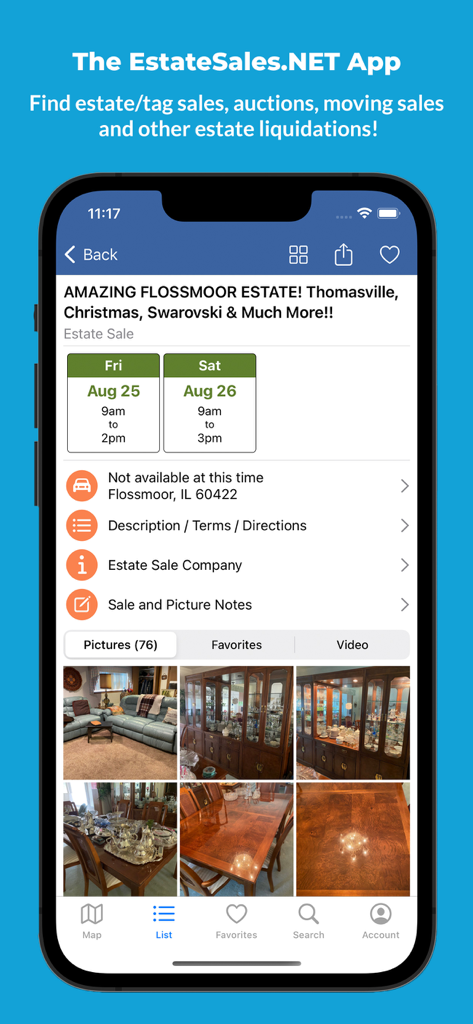 EstateSales.NET mobile app screen showing a detailed estate sale listing with a photo gallery of furniture and household items