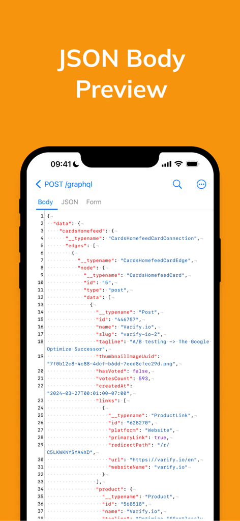 La app Proxyman muestra una vista previa del cuerpo JSON con resaltado de sintaxis para una solicitud GraphQL en la pantalla de un iPhone.