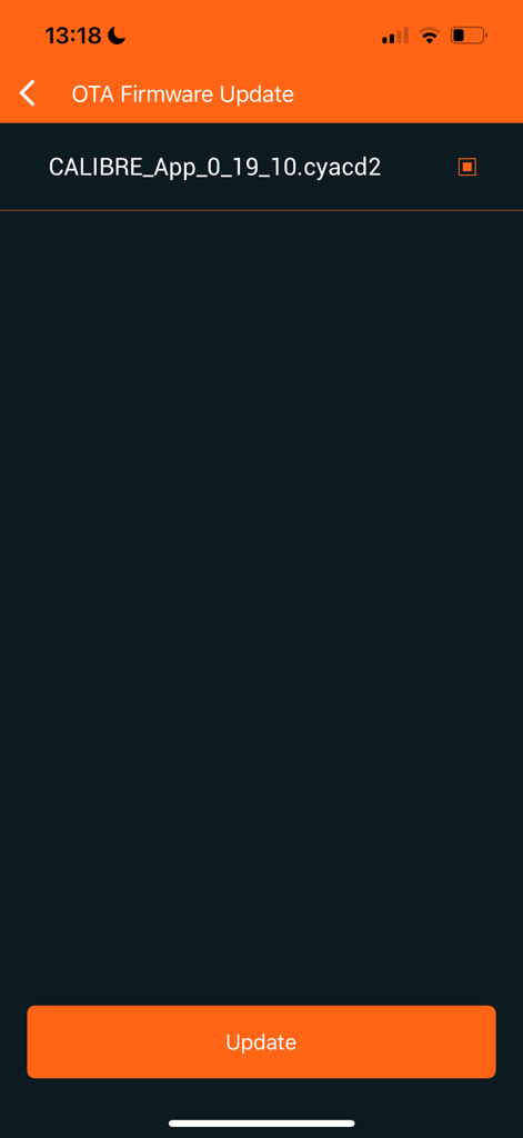 Calibre Firmware Updater - OTA firmware update screen in the Calibre Firmware Updater app with an update button