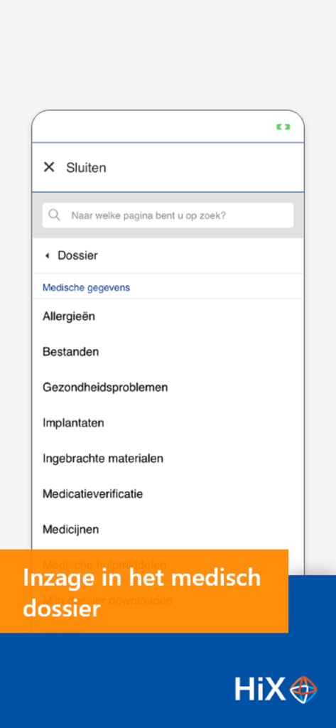 HiX Patiënt - HiX Patient app screen showing the medical dossier menu with categories like allergies and files