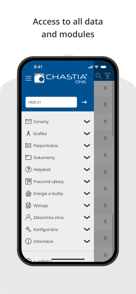 Chastia ONE - Smartphone screen showing the Chastia ONE app menu with facility management modules