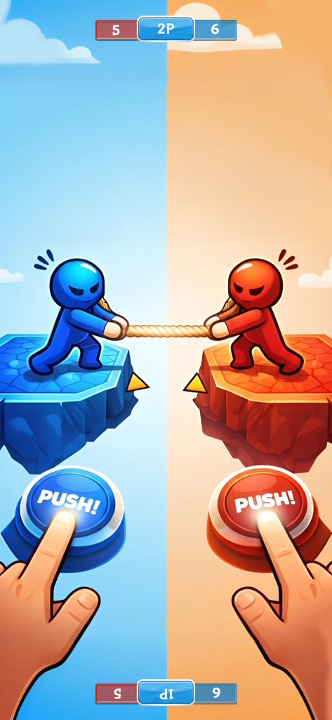 Two players competing in a tug of war mini game on a single mobile screen using push buttons