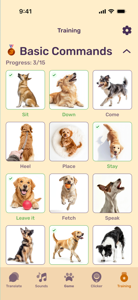 Screenshot of the Jolly Dog app training section showing a grid of basic dog commands with instructional photos of various breeds.