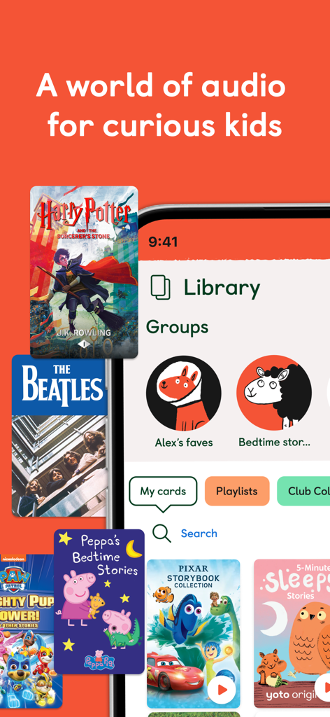 Pantalla de la biblioteca de la app Yoto mostrando una colección de historias y música de audio para niños incluyendo Harry Potter y Peppa Pig