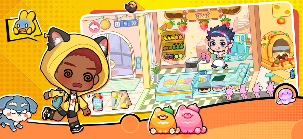 Une scène de dessin animé colorée de Tut World montrant un personnage avec un sweat à capuche représentant un chat devant un magasin interactif de glaces et de fruits.